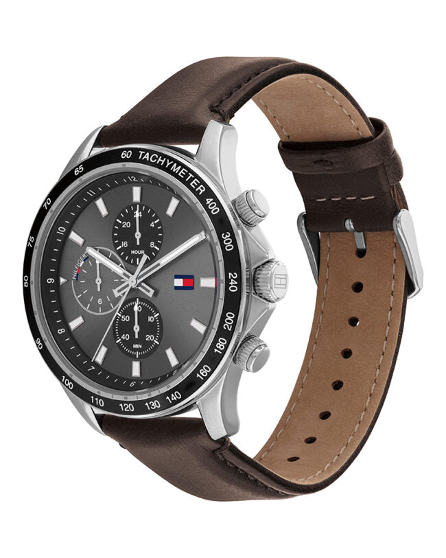 Tommy Hilfiger Brown Leather Band Grey Dial Men's Multi-function Watch - 1792015