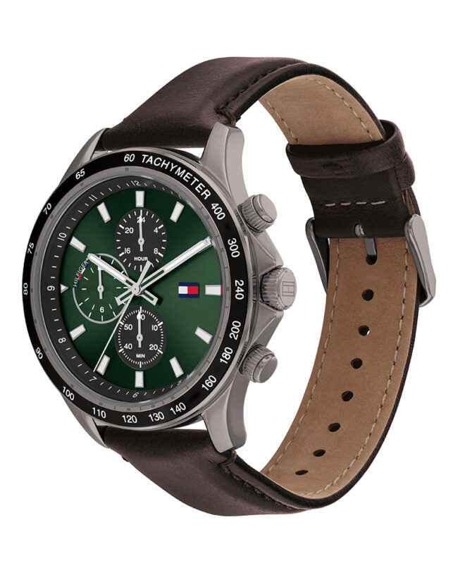 Tommy Hilfiger Men’s Quartz Brown Leather Strap Green Dial 44mm Watch 1792017