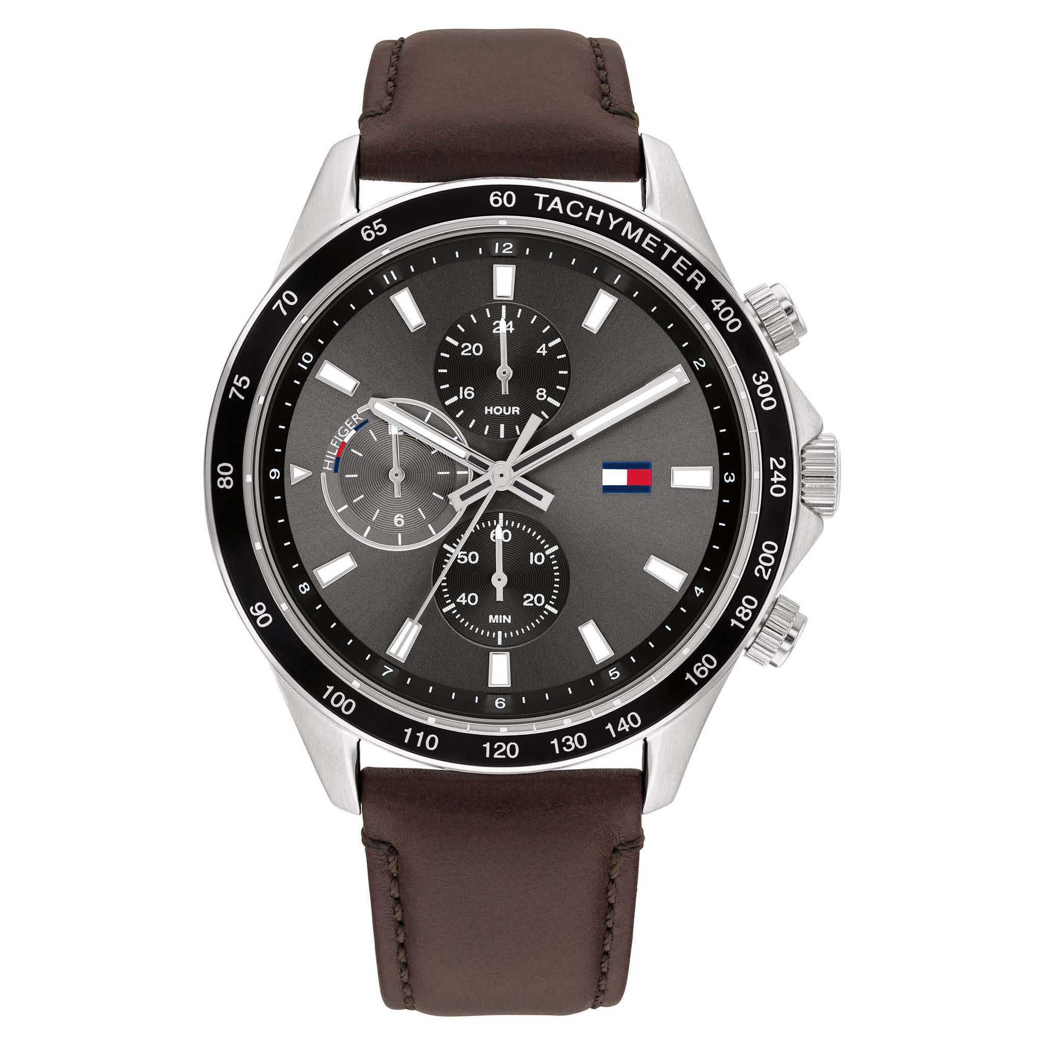 Tommy Hilfiger Brown Leather Band Grey Dial Men's Multi-function Watch - 1792015