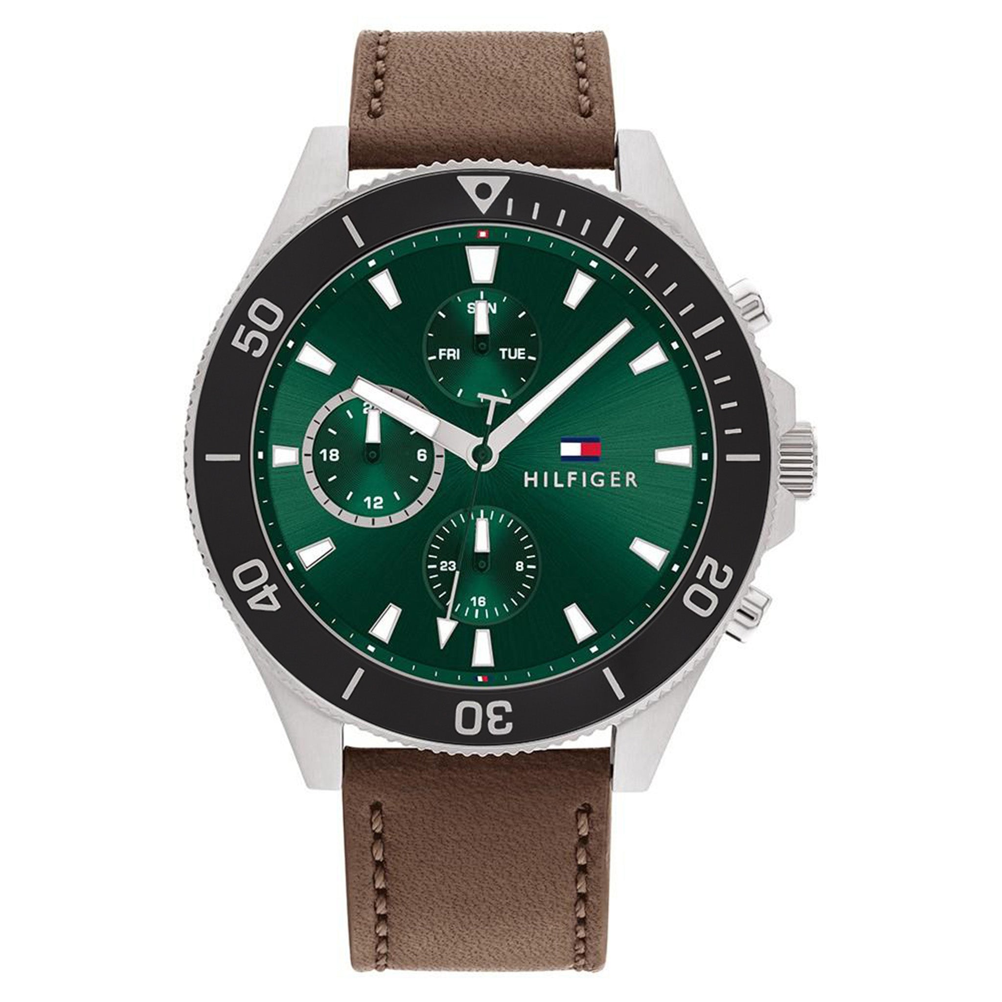 Tommy Hilfiger Men’s Quartz Brown Leather Strap Green Dial 46mm Watch 1791983