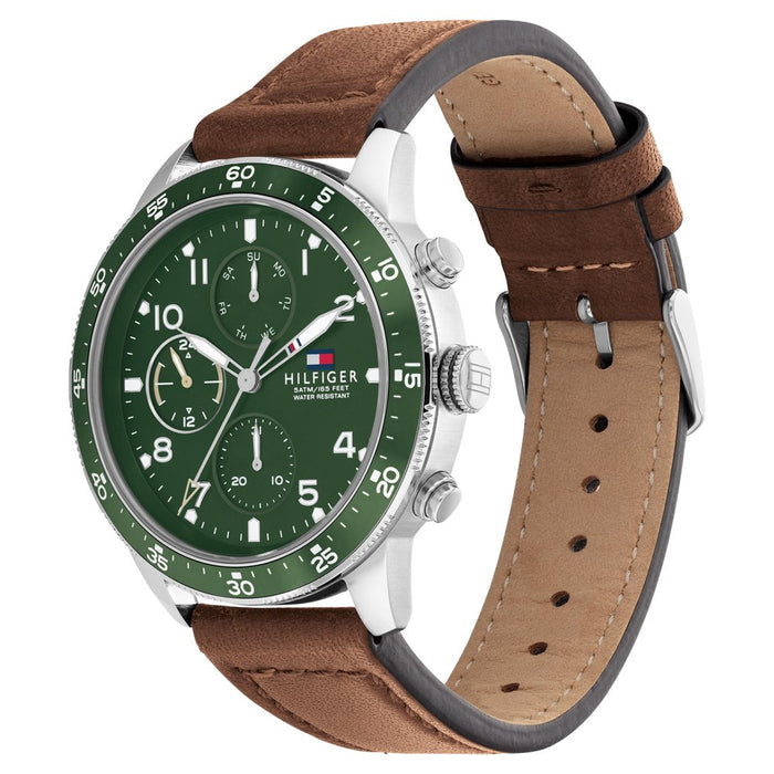 Tommy Hilfiger Jimmy Brown Leather Strap Green Dial Chronograph Quartz Watch for Gents – 1791948