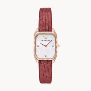 Emporio Armani Women’s Quartz Red Leather Strap Mother Of Pearl Dial 24mm Watch AR11467