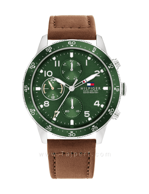 Tommy Hilfiger Jimmy Brown Leather Strap Green Dial Chronograph Quartz Watch for Gents – 1791948